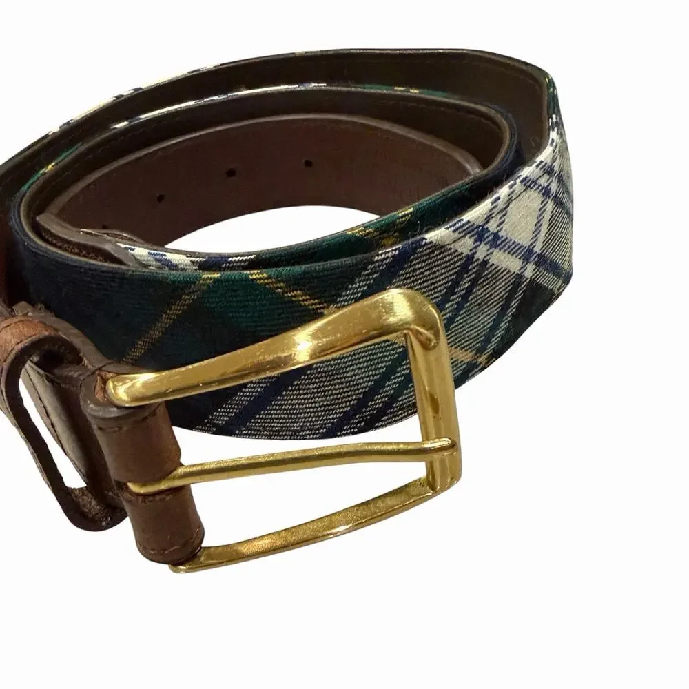 F.H. Wadsworth NYC Brown Leather Brass Belt Wool Tartan Plaid Green Yellow 38